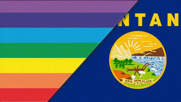モンタナとルブトの旗 性的概念 2枚の旗3Dイラスト 旗のシンボルモンタナ モンタナと性的少数者の旗 表面に２つの旗 性的少数者の象徴 — ストック写真