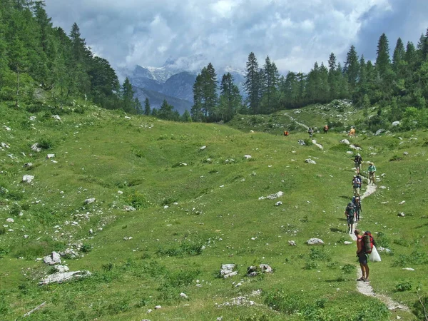 Tourists Travel Mountains Hiking Mountains Group Tourists Hike Mounts Travel — стоковое фото
