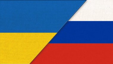 Ukrayna ve Rusya bayrağı. Ukrayna ve Rusya 'nın ulusal sembolleri - 3 boyutlu illüstrasyon. Ukrayna ve Rusya ilişkileri. Diplomatik ilişkiler. Slavonik durumlar. Rus istilası