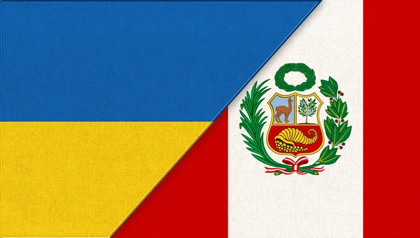 Flags of Ukraine and Peru - 3D illustration. Two Flags Together. National symbols of Ukraine and Peru. Ukrainian and Peruvian relations. diplomatic relations between two countries