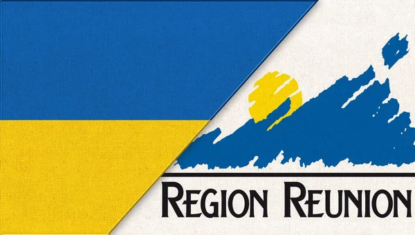 Flags of Ukraine and Reunion - 3D illustration. Two Flags Together. National symbols of Ukraine and Reunion. Ukrainian and Reunion relations. diplomatic relations between two countries