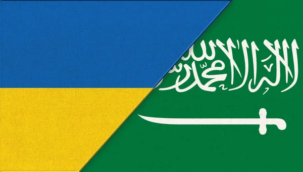 Flags of Ukraine and Saudi Arabia. National symbols of Ukraine and Saudi Arabia. National symbol of Kingdom of Saudi Arabia. KSA. Arabian Peninsula. diplomatic relations between two countries