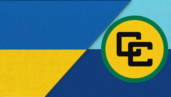 Flags of Ukraine and Caribbean Community - 3D illustration. Trade Union of Ukraine and the Caribbean Community. Ukrainian and CARICOM diplomatic relations. intergovernmental organisation CARICOM