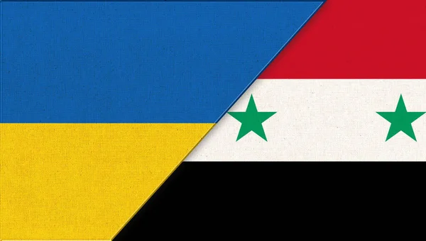 乌克兰和叙利亚的国旗 面料纹理上的乌克兰和叙利亚国旗 两个旗子在一起 乌克兰和叙利亚的国家象征 外交关系 — 图库照片