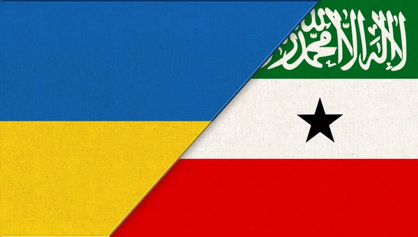 乌克兰国旗和索马里兰 3D插图 两面旗子在一起乌克兰和索马里兰的国家象征 乌克兰和索马里兰的关系 乌克兰和索马里之间的会晤 体育竞赛 — 图库照片
