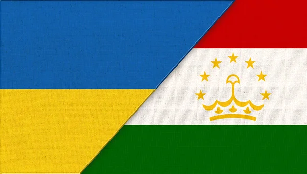 Bandeira Ucrânia Tajiquistão Bandeiras Ucranianas Tajiques Textura Tecido Duas Bandeiras — Fotografia de Stock