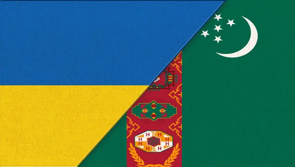 乌克兰和土库曼斯坦的国旗 面料纹理上的乌克兰和土库曼国旗 两个旗子在一起 乌克兰和土库曼斯坦的国家象征 外交关系 土库曼斯坦和乌克兰国旗 — 图库照片