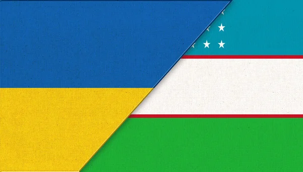 Vlag Van Oekraïne Oezbekistan Oekraïense Oezbeekse Vlaggen Stof Textuur Twee — Stockfoto