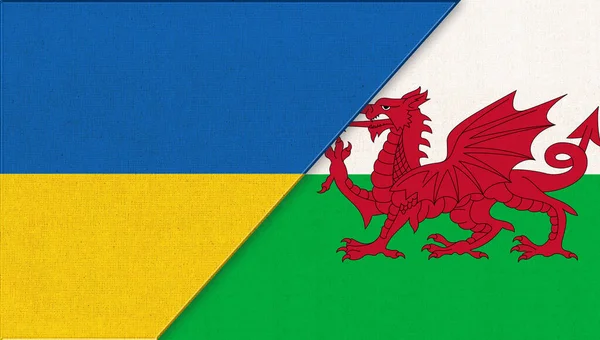 Bandera Ucrania Gales Banderas Ucranianas Galesas Sobre Textura Tela Dos — Foto de Stock
