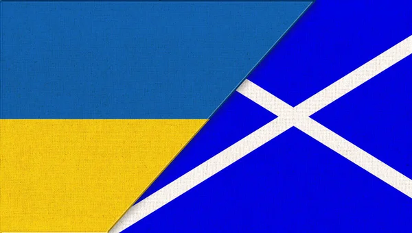 Flagi Ukrainy Szkocji Dwie Flagi Narodowe Symbole Ukrainy Szkocji Stosunki — Zdjęcie stockowe