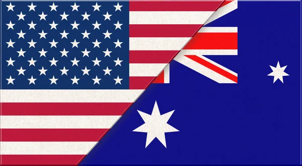 アメリカとオーストラリアの国旗 生地の表面にアメリカとオーストラリアの国旗 アメリカとオーストラリアの関係 アメリカ合衆国オーストラリアの象徴 政治的概念 — ストック写真