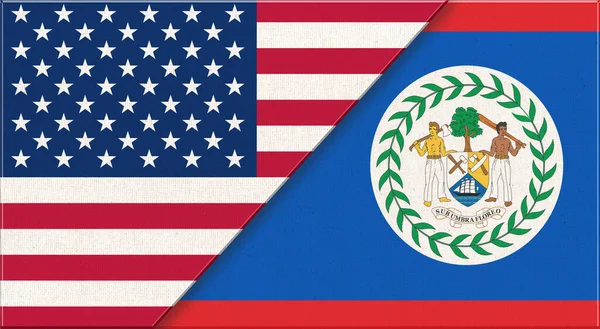 美国和伯利兹的国旗 织物表面的美国和伯利兹国旗 美国和伯利兹国旗 3D插图 双面旗帜 面料面料 政治关系 — 图库照片