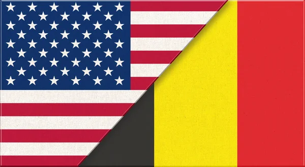 アメリカとベルギーの国旗 生地の表面にアメリカとベルギーの国旗 アメリカとハンガリーの関係 アメリカとベルギーの国旗 3Dイラスト 2本の旗 Fabric Texture — ストック写真