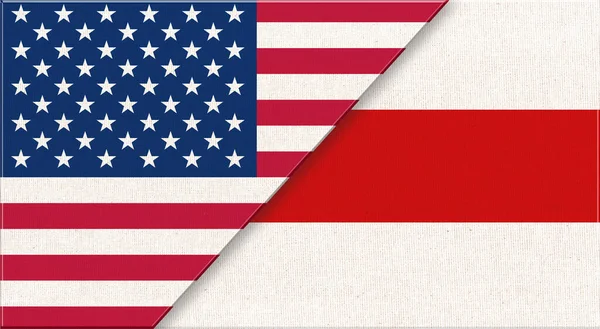 美国和白俄罗斯的国旗 织物表面上有美国和白俄罗斯的历史旗帜 美国和白俄罗斯的关系 美国和白俄罗斯的国旗 3D插图 双面旗帜 织物面料 — 图库照片