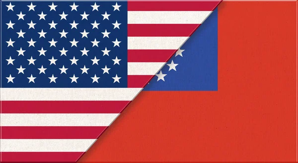 アメリカとビルマの国旗 生地の表面にアメリカとミャンマーの国旗 アメリカとミャンマーの国旗 3Dイラスト アメリカ合衆国とビルマの国旗 二旗一緒に — ストック写真