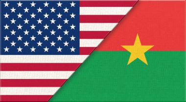 ABD ve Burkina Faso bayrakları. Kumaş yüzeyinde Amerikan ve Burkina Faso ulusal bayrakları. ABD bayrağı ve Burkina Faso-3D illüstrasyon. Ülkeler arasındaki diplomatik ilişkiler. Ülkenin kumaş bayrağı