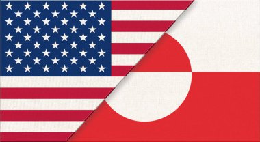 ABD ve Grönland bayrakları. Kumaş yüzeyinde Amerikan ve Grönland ulusal bayrakları. ABD ve Grönland bayrağı - 3D çizim. İki ülke arasındaki diplomatik ilişkiler. Ülkenin kumaş bayrağı