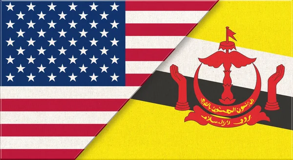 アメリカとブルネイの国旗 生地の表面にアメリカとブルネイの国旗 アメリカとブルネイの国旗 3Dイラスト 二国間の外交関係です 国の織物旗 — ストック写真