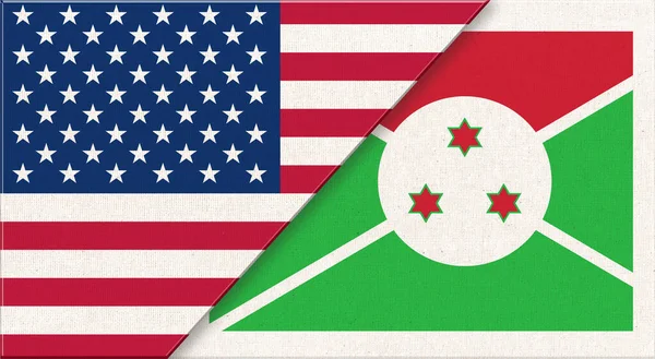 美国和布隆迪的国旗 织物表面的美国和布隆迪国旗 美国和布隆迪国旗 3D插图 两国外交关系 国家织物旗 — 图库照片