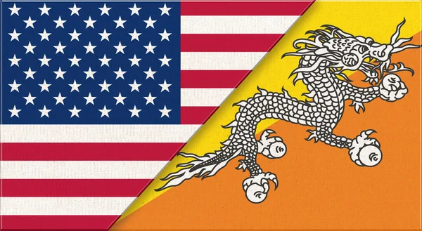 Bandeiras Dos Eua Butão Bandeiras Nacionais Americanas Butão Superfície Tecido — Fotografia de Stock