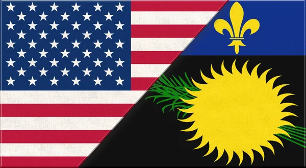 アメリカとグアドループの旗 アメリカとグアドループの外交関係 表面に国旗が描かれています アメリカとグアドループの旗 3Dイラスト — ストック写真