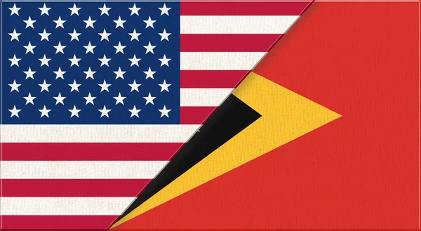 米国と東チモールの国旗 アメリカと東チモールの外交関係 表面に国旗が描かれています 米国と東チモールの旗 3Dイラスト — ストック写真