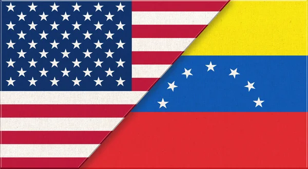アメリカとベネズエラの国旗 アメリカとベネズエラの外交関係 表面に国旗が描かれています アメリカとベネズエラの旗 3Dイラスト — ストック写真
