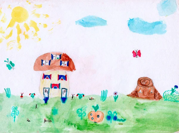 Strahlender Sommer Kindliche Zeichnung Einer Lichtung Mit Blumen Regenbogen Und — Stockfoto
