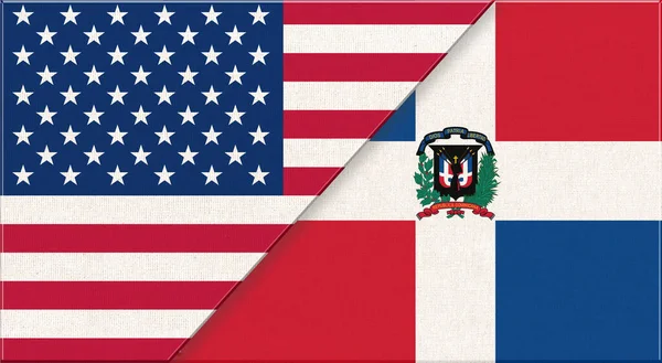 Flags of USA and Dominican Republic. American and Dominican Republic national flags on fabric surface. Flag of USA and Dominican Republic - 3D illustration. diplomatic relations between two countries.