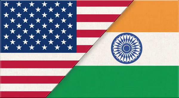 Flags of USA and India. American and Indian national flags on fabric surface. Flag of USA and India - 3D illustration. diplomatic relations between two countries. American and Indian relations