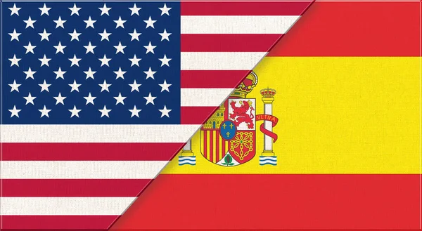 アメリカとスペインの国旗 ファブリックテクスチャのアメリカとスペインの国旗 ヨーロッパとアメリカの国旗 アメリカとスペインの国旗 政治コンセプト アメリカとスペインの友好 ロイヤリティフリーのストック画像
