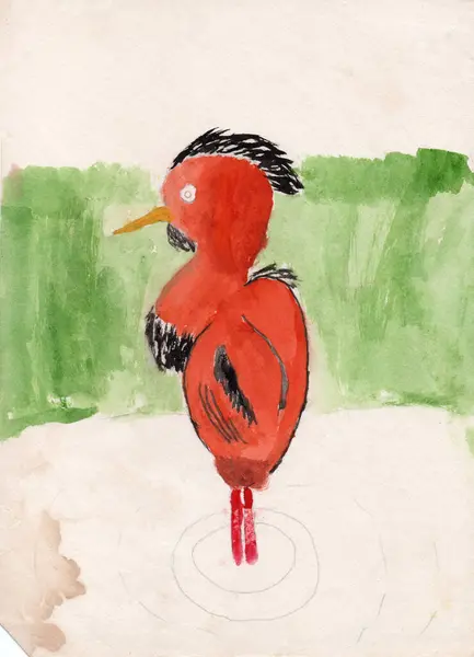 Children drawing of bird standing on one leg. Child drawing. Red crane painted by child. Watercolor drawing. Children drawing of bird