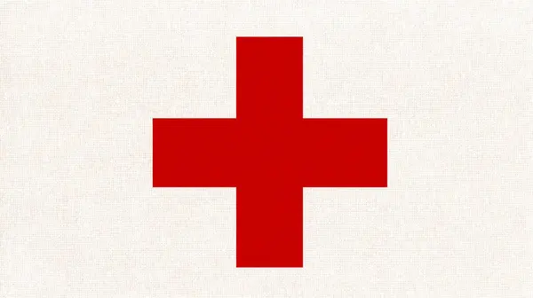 Flag of International Committee of the Red Cross. ICRC. flag of humanitarian organization on fabric surface. Red cross flag. Fabric texture. 3D Illustration. Red cross on white background