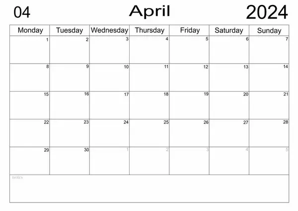 商业策划人 日历2024年4月的时间表与空白的说明为做的清单上的书面背景 2024年4月 计划员的空牢房 每月组织者 2024日历 — 图库照片