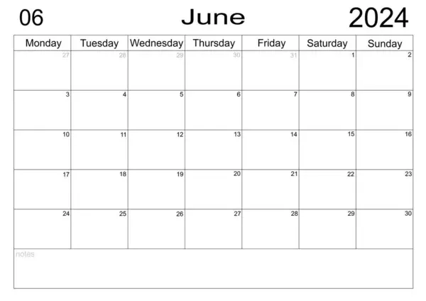 Planificador Negocios Calendario Junio 2024 Horario Con Nota Blanco Para — Foto de Stock