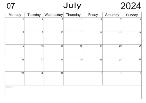 Obchodní Plánovač Kalendář Červenec 2024 Plán Prázdnou Poznámkou Pro Dělat — Stock fotografie