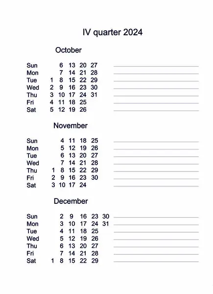 Calendar for fourth quarter 2024. Three months of 4 quarter 2024. Quarterly Calendar English. Monthly planner. Quarterly planner. Business organizer. Calendar October November December