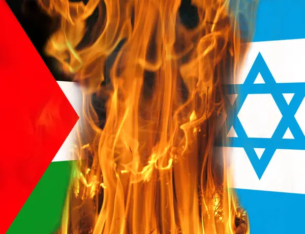 Israeli Palestinian conflict. Flag of Palestine and Israel burning in flames. Flags of Israel Palestine in fire on fabric surface. War between Israel and Palestine. national flags of Asian countries