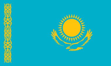 Kazakistan bayrağı. Ulusal Kazak bayrağı. Arka planda Kazak ulusal bayrağı var. Kumaş dokusu. Kazakistan Cumhuriyeti. Asya ülkesi. Kazakistan 'ın devlet sembolü
