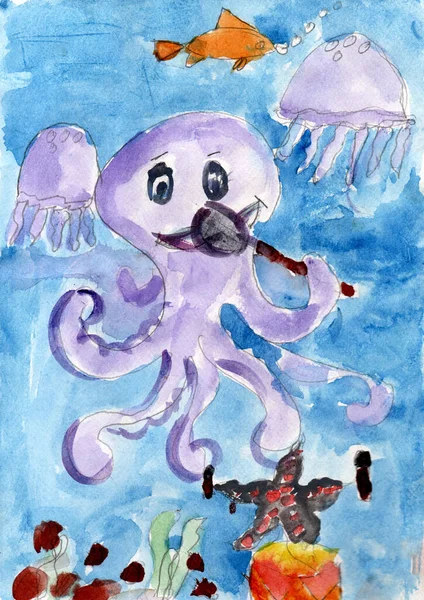 Child drawing of octopus on seabed. Fairytale octopus drawn by children. Drawing of child. Children drawing. fairy tale with inhabitants of deep sea
