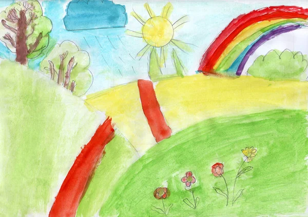 Children drawing with hills, rainbow and sun. Children love summer. drawn by pencils. Life in village drawn by child. Landscape with flowers and nature in children drawing