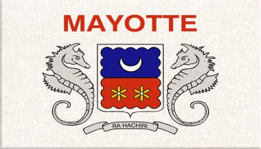 Flag of Mayotte. flag of Mayotte island on fabric surface. Mayotte symbol on textured background. Fabric texture. Island country. 3D illustration. overseas department
