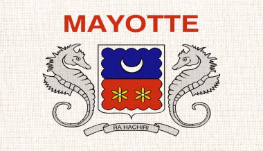 Flag of Mayotte. flag of Mayotte island on fabric surface. Mayotte symbol on textured background. Fabric texture. Island country. 3D illustration. overseas department