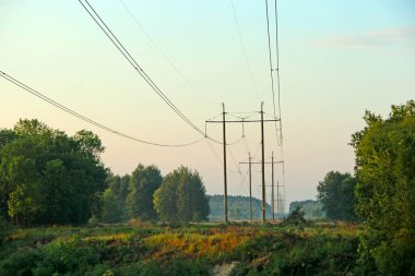 Yüksek voltaj iletim hattı. Gökyüzü manzarası ve yeşil çayır üzerindeki elektrik direkleri..