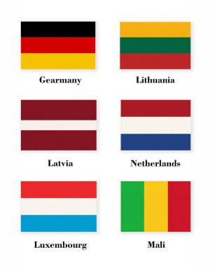 Kumaş yüzeyinde altı ülkenin bayrakları. Almanya bayrakları Litvanya Letonya Hollanda Lüksemburg Mali. Kumaş dokusu konusunda Avrupa ve Afrika ülkelerinin ulusal bayrakları