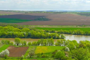 Kırsal nehir kıyısındaki tarım tarlası. Kırsal alan. Nehir ve tarımsal alanları olan bir panorama. Batı Ukrayna 'da Dniester Nehri ve tarım arazileri olan güzel kırsal alan.