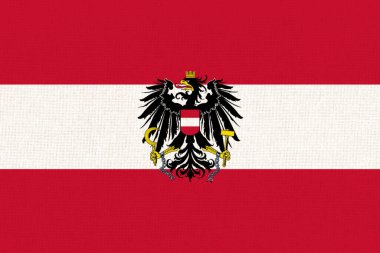 Avusturya bayrağı. Kumaş yüzeyinde Avusturya bayrağı. Dokulu arka planda Avusturya bayrağı. Avusturya bayrağı çizimi. Kumaş dokusu. Avrupa ülkesi