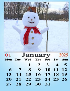 Ocak 2025 için çok güzel bir takvim. Yeni yıl ağacı ve muhteşem bir kardan adam fotoğrafı var. Günlük düzenleyici. Ocak 2025 Düzenleyici