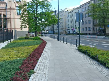 Lodz - Polonya. 17 Ağustos 2019: Şehirde iyi korunmuş çiçek tarhları var. Manzara tasarımlı bir kaldırım. Apartmanın dışındaki bahçe yolu. Şehirdeki bir çimenlikte kendi çimlerim