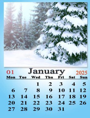 2025 Ocak ayı takviminde muhteşem orman görüntüsü var. 2025 yılı için muhteşem Ocak takvimi. Günlük düzenleyici. İş organizatörü. 2025 Ocak takviminde karlı ağaçlar
